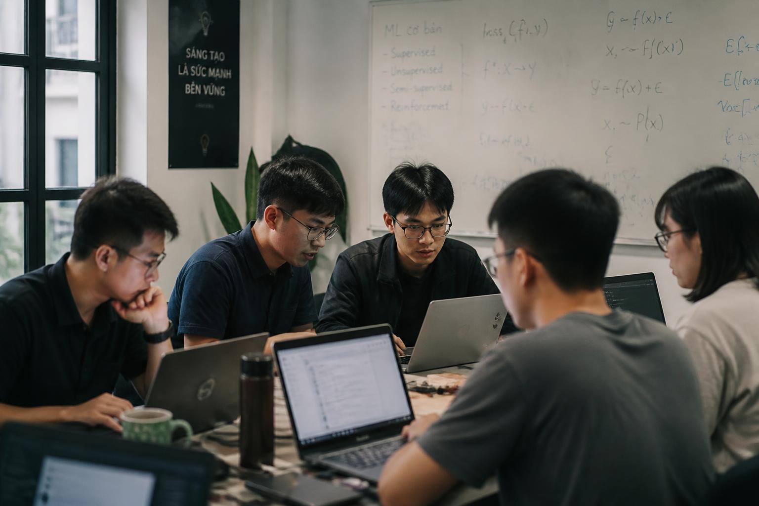 Nhóm bạn trẻ Việt học machine learning cùng nhau trong một quán cà phê buổi tối
